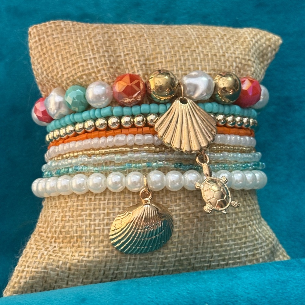 Gold Shell & Turtle Multicolor Strand Beaded Bracelet Set NEW - Picture 3 of 3